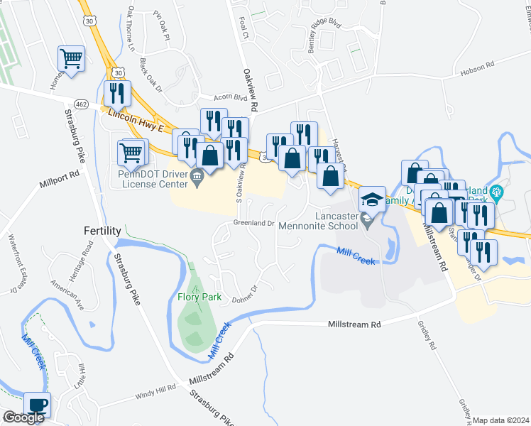 map of restaurants, bars, coffee shops, grocery stores, and more near 243 Greenland Drive in Lancaster