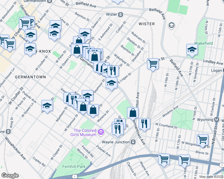 map of restaurants, bars, coffee shops, grocery stores, and more near 45 West Logan Street in Philadelphia