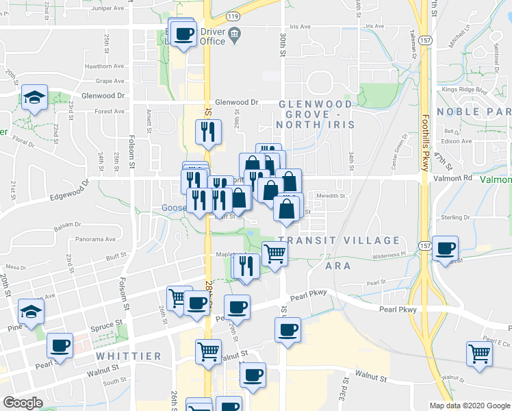 map of restaurants, bars, coffee shops, grocery stores, and more near 2700 29th Street in Boulder