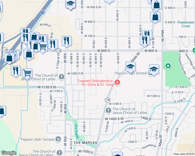 map of restaurants, bars, coffee shops, grocery stores, and more near 1039 South 680 West in Payson