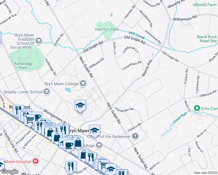 map of restaurants, bars, coffee shops, grocery stores, and more near 725 New Gulph Road in Bryn Mawr