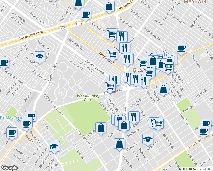 map of restaurants, bars, coffee shops, grocery stores, and more near 2922 Lardner Street in Philadelphia