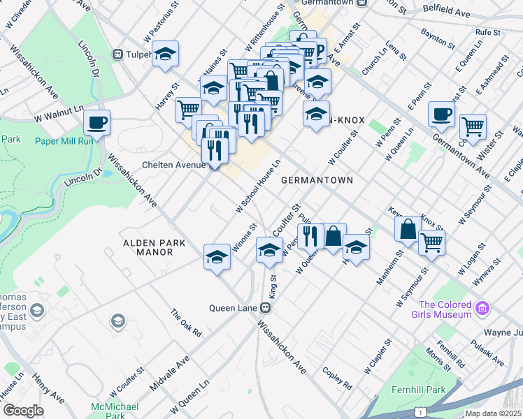 map of restaurants, bars, coffee shops, grocery stores, and more near 327 Winona Street in Philadelphia