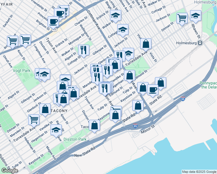 map of restaurants, bars, coffee shops, grocery stores, and more near 7128 Hegerman Street in Philadelphia