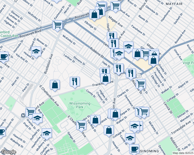 map of restaurants, bars, coffee shops, grocery stores, and more near 2922 Lardner Street in Philadelphia