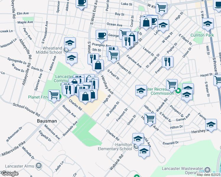 map of restaurants, bars, coffee shops, grocery stores, and more near 85 Hershey Avenue in Lancaster