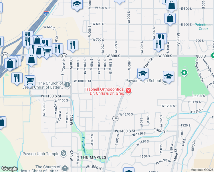 map of restaurants, bars, coffee shops, grocery stores, and more near 1039 South 680 West in Payson