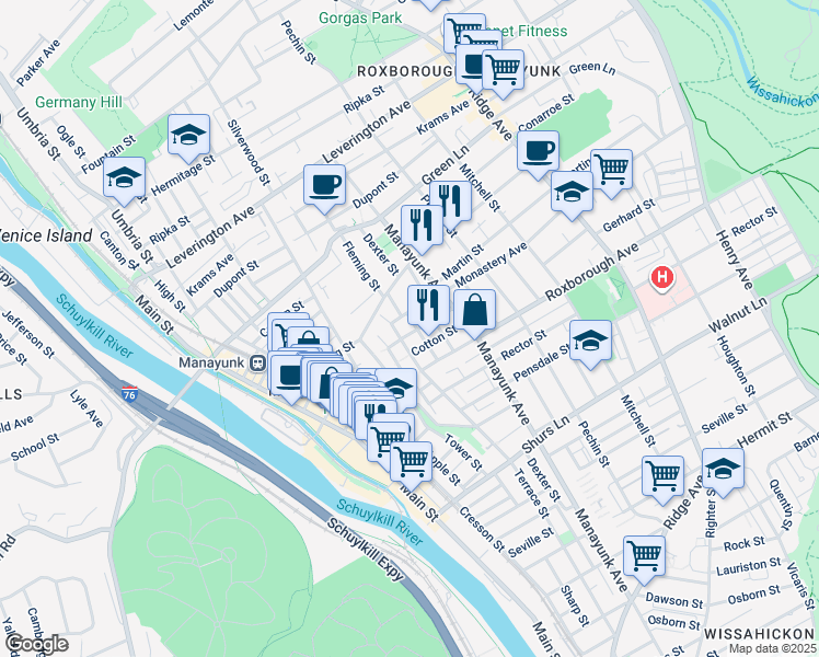 map of restaurants, bars, coffee shops, grocery stores, and more near 4324 Fleming Street in Philadelphia