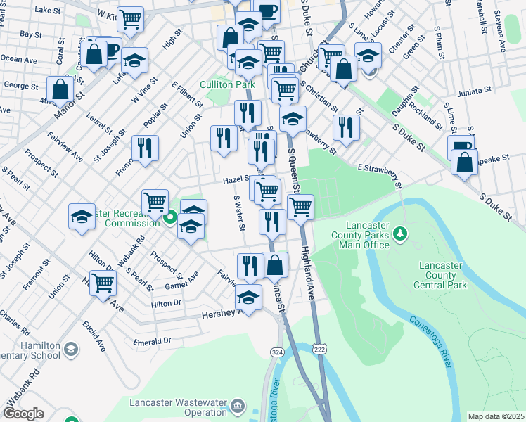 map of restaurants, bars, coffee shops, grocery stores, and more near 560 South Prince Street in Lancaster