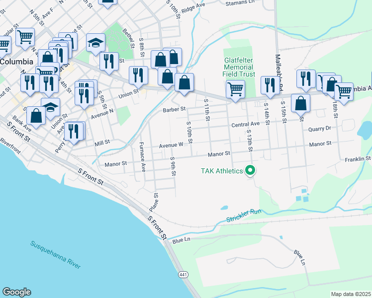 map of restaurants, bars, coffee shops, grocery stores, and more near 722 Manor Street in Columbia