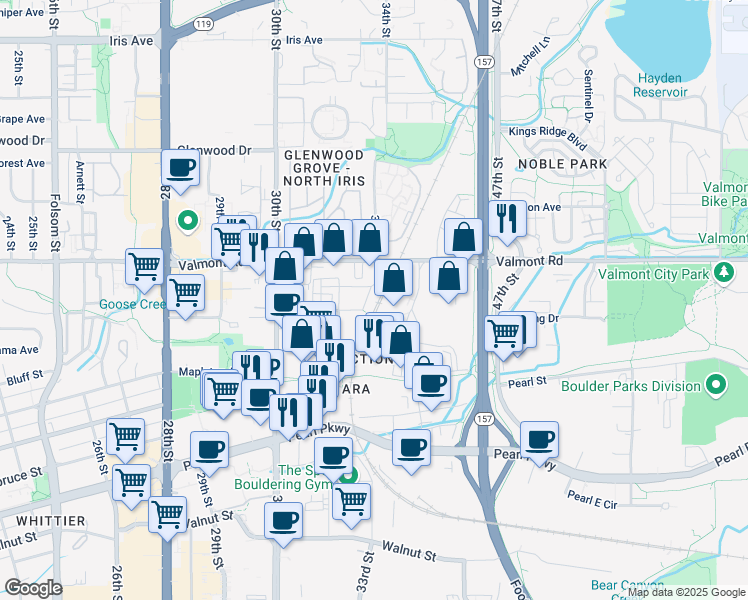 map of restaurants, bars, coffee shops, grocery stores, and more near 2897 Wilderness Place in Boulder