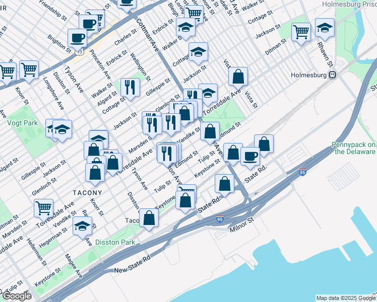 map of restaurants, bars, coffee shops, grocery stores, and more near 7147 Edmund Street in Philadelphia