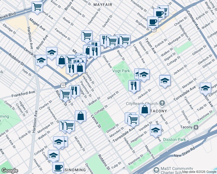 map of restaurants, bars, coffee shops, grocery stores, and more near 4238 Magee Avenue in Philadelphia