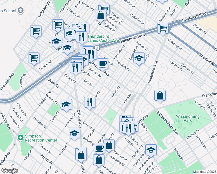map of restaurants, bars, coffee shops, grocery stores, and more near 5347 Sylvester Street in Philadelphia