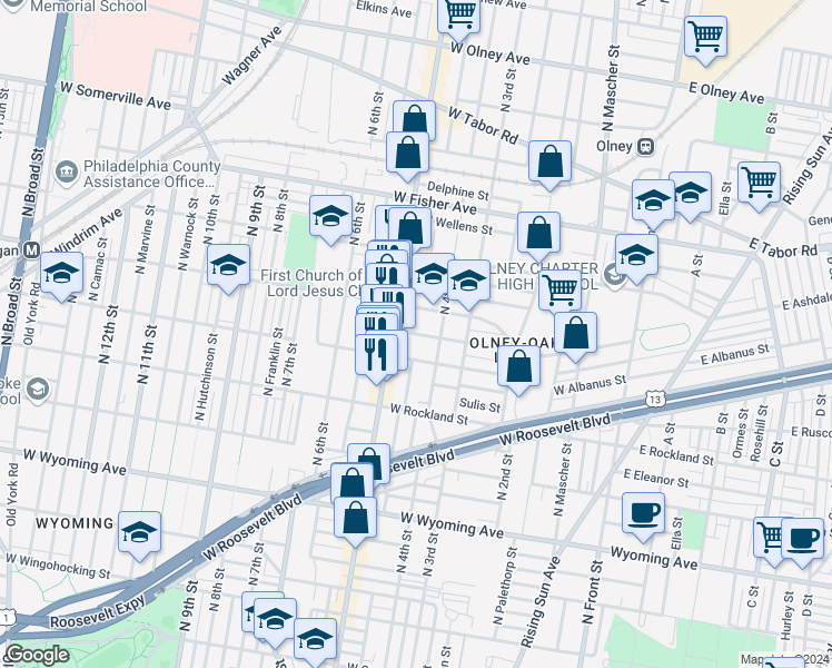 map of restaurants, bars, coffee shops, grocery stores, and more near 5009 North 5th Street in Philadelphia