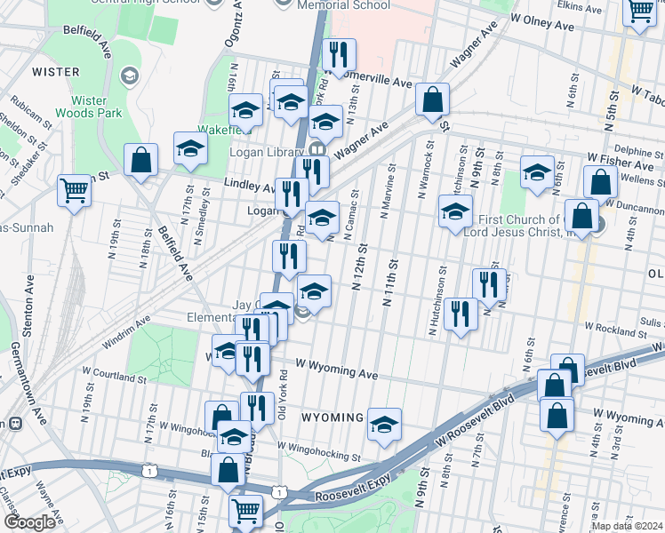 map of restaurants, bars, coffee shops, grocery stores, and more near 4907 North Camac Street in Philadelphia