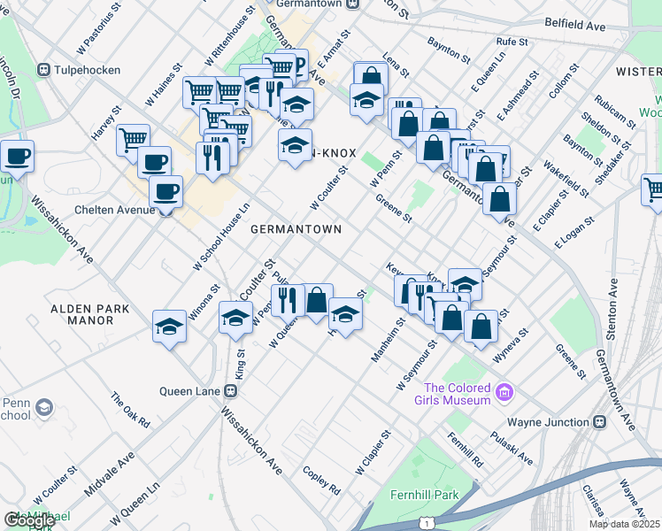 map of restaurants, bars, coffee shops, grocery stores, and more near 5224 Wayne Avenue in Philadelphia