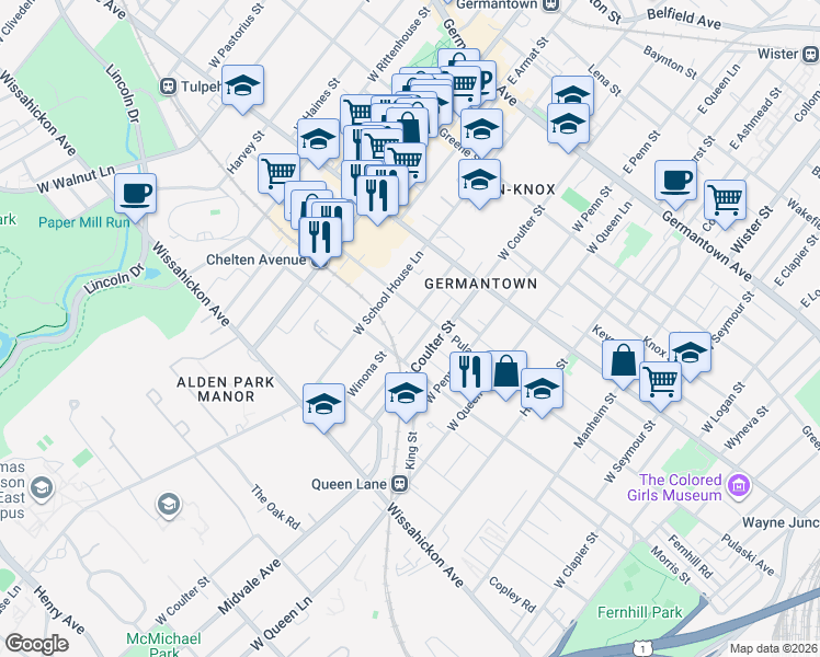 map of restaurants, bars, coffee shops, grocery stores, and more near 314 Earlham Terrace in Philadelphia