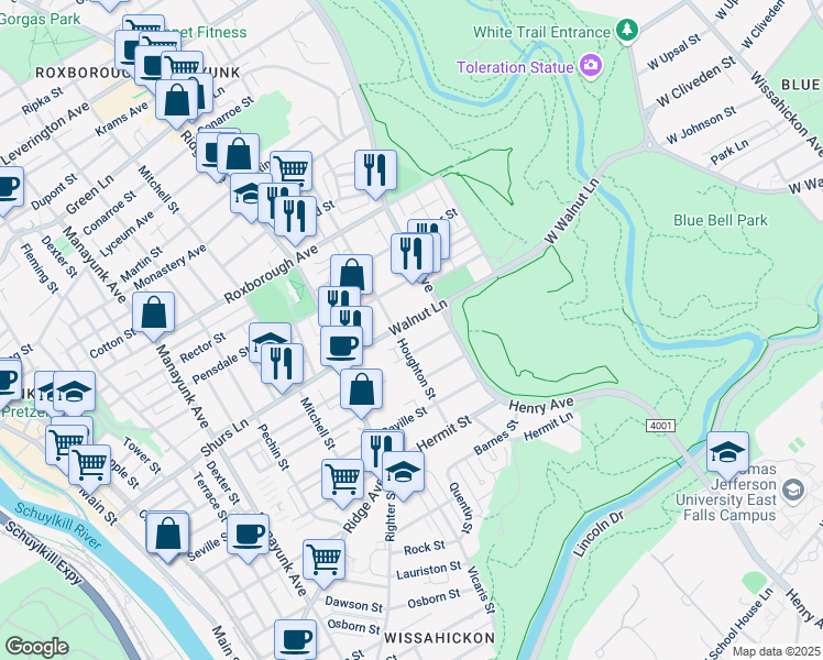 map of restaurants, bars, coffee shops, grocery stores, and more near 601 Walnut Lane in Philadelphia