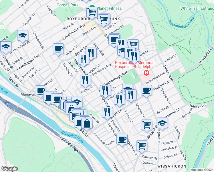 map of restaurants, bars, coffee shops, grocery stores, and more near 309 Roxborough Avenue in Philadelphia