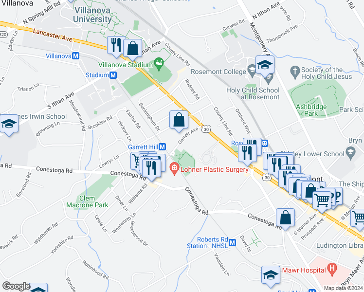 map of restaurants, bars, coffee shops, grocery stores, and more near 47 Garrett Avenue in Bryn Mawr