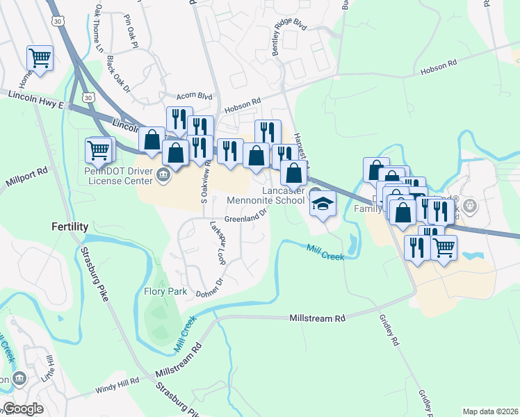 map of restaurants, bars, coffee shops, grocery stores, and more near 226 Greenland Drive in Lancaster