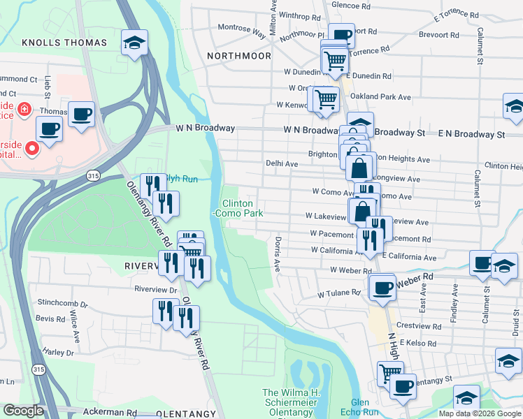 map of restaurants, bars, coffee shops, grocery stores, and more near 255-257 West Lakeview Avenue in Columbus