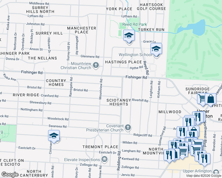 map of restaurants, bars, coffee shops, grocery stores, and more near 2144 Riverhill Road in Columbus