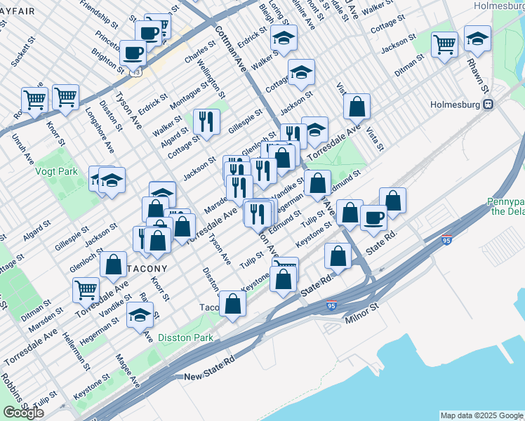 map of restaurants, bars, coffee shops, grocery stores, and more near 7123 Vandike Street in Philadelphia