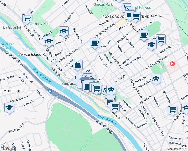 map of restaurants, bars, coffee shops, grocery stores, and more near 174 Gay Street in Philadelphia