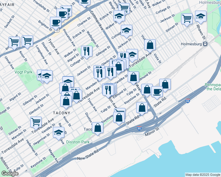map of restaurants, bars, coffee shops, grocery stores, and more near 7123 Vandike Street in Philadelphia