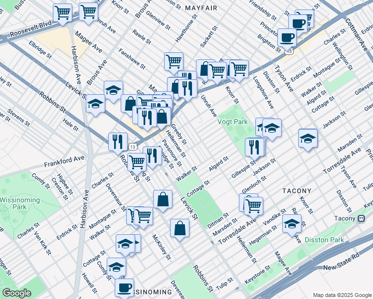 map of restaurants, bars, coffee shops, grocery stores, and more near 4158 Greeby Street in Philadelphia