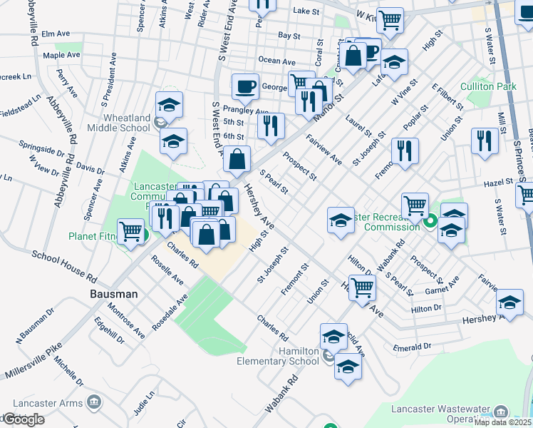 map of restaurants, bars, coffee shops, grocery stores, and more near 85 Hershey Avenue in Lancaster