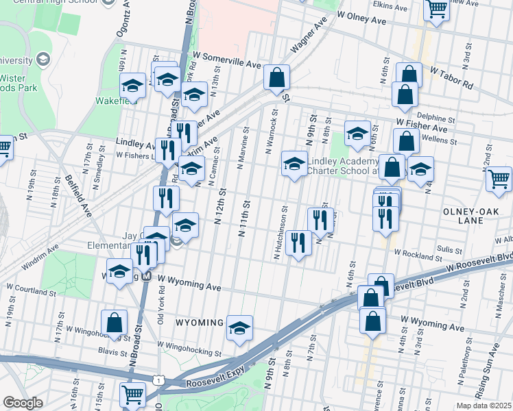 map of restaurants, bars, coffee shops, grocery stores, and more near 4946 North Warnock Street in Philadelphia