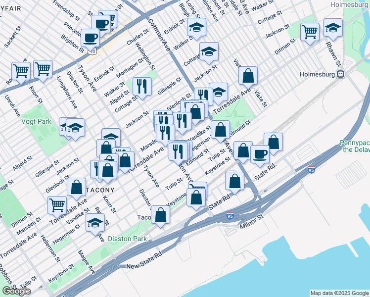 map of restaurants, bars, coffee shops, grocery stores, and more near 7130 Hegerman Street in Philadelphia