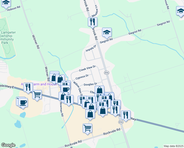 map of restaurants, bars, coffee shops, grocery stores, and more near 2493 Willow Hill Drive in Lancaster