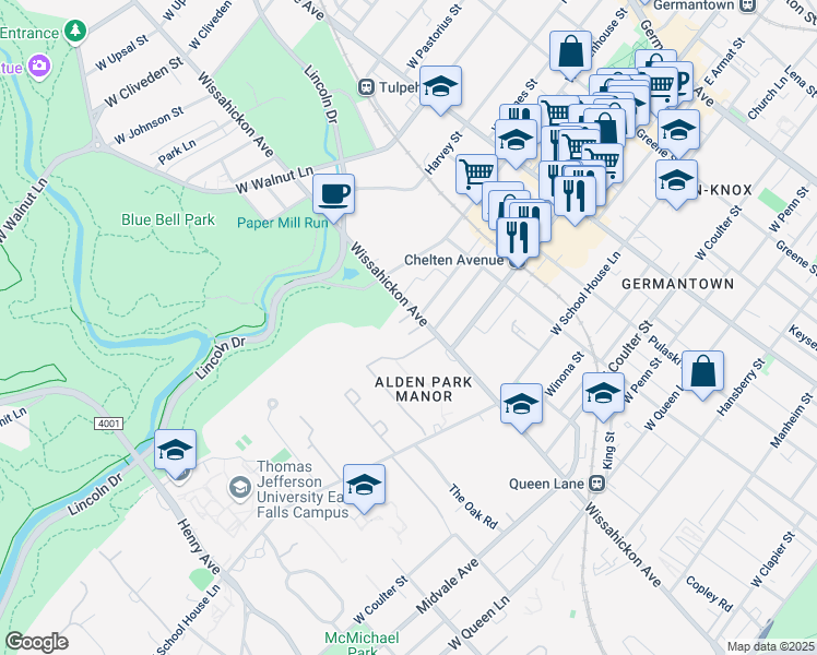 map of restaurants, bars, coffee shops, grocery stores, and more near 5720 Wissahickon Avenue in Philadelphia