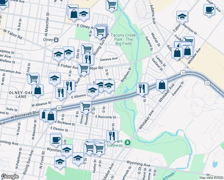 map of restaurants, bars, coffee shops, grocery stores, and more near 5125 D Street in Philadelphia