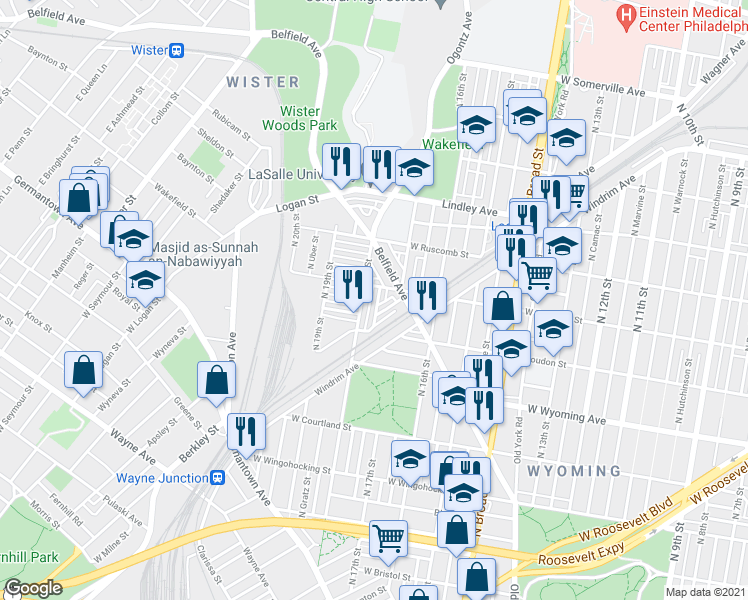 map of restaurants, bars, coffee shops, grocery stores, and more near 4844 North Bouvier Street in Philadelphia