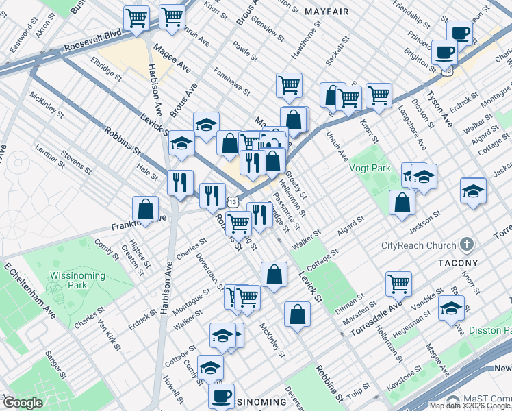 map of restaurants, bars, coffee shops, grocery stores, and more near Levick St & Charles St in Philadelphia