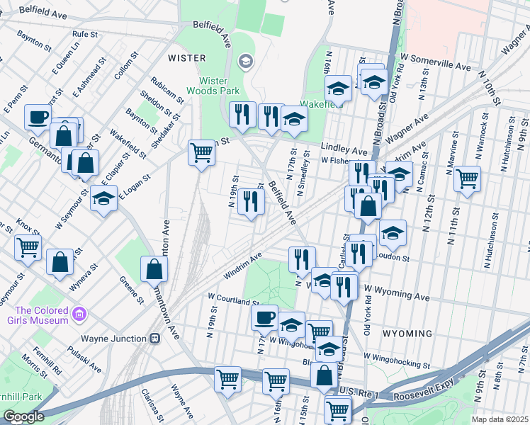 map of restaurants, bars, coffee shops, grocery stores, and more near 4844 North Bouvier Street in Philadelphia