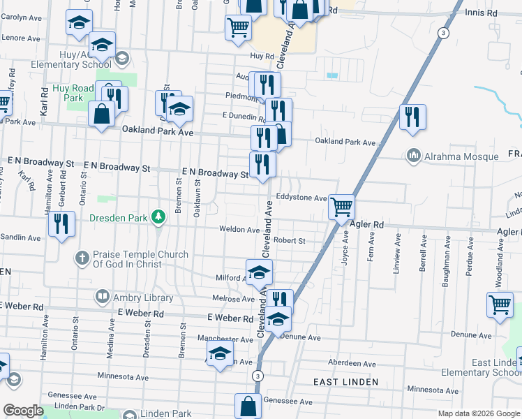 map of restaurants, bars, coffee shops, grocery stores, and more near 2977 Cleveland Avenue in Columbus