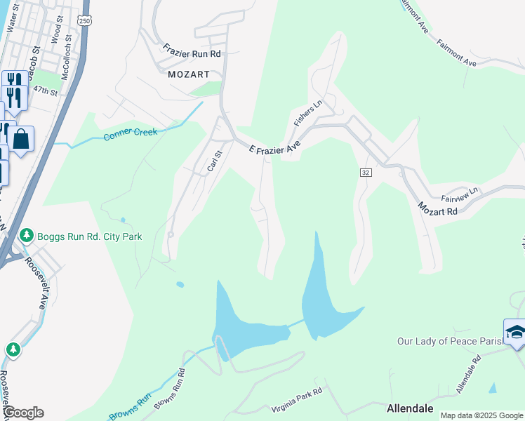 map of restaurants, bars, coffee shops, grocery stores, and more near 56 Delta Road 11 in Benwood