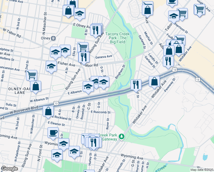 map of restaurants, bars, coffee shops, grocery stores, and more near 5125 D Street in Philadelphia