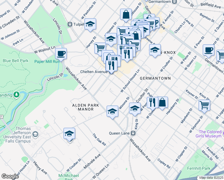 map of restaurants, bars, coffee shops, grocery stores, and more near 421 West School House Lane in Philadelphia