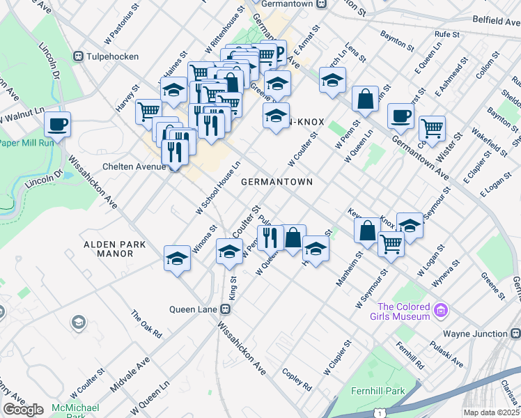 map of restaurants, bars, coffee shops, grocery stores, and more near 246 West Coulter Street in Philadelphia