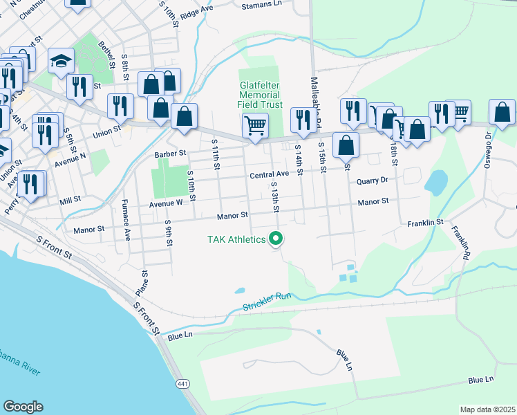 map of restaurants, bars, coffee shops, grocery stores, and more near 1213 Manor Street in Columbia