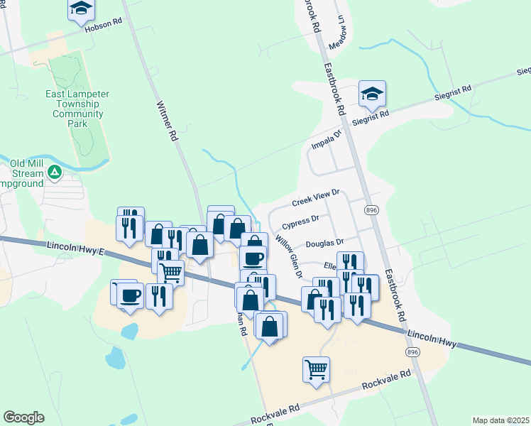 map of restaurants, bars, coffee shops, grocery stores, and more near 2419 Creek View Drive in Lancaster