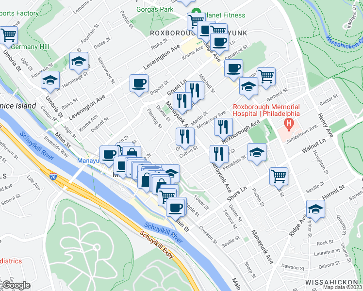 map of restaurants, bars, coffee shops, grocery stores, and more near 4335 Fleming Street in Philadelphia