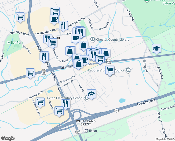 map of restaurants, bars, coffee shops, grocery stores, and more near Chester Valley Trail in Exton